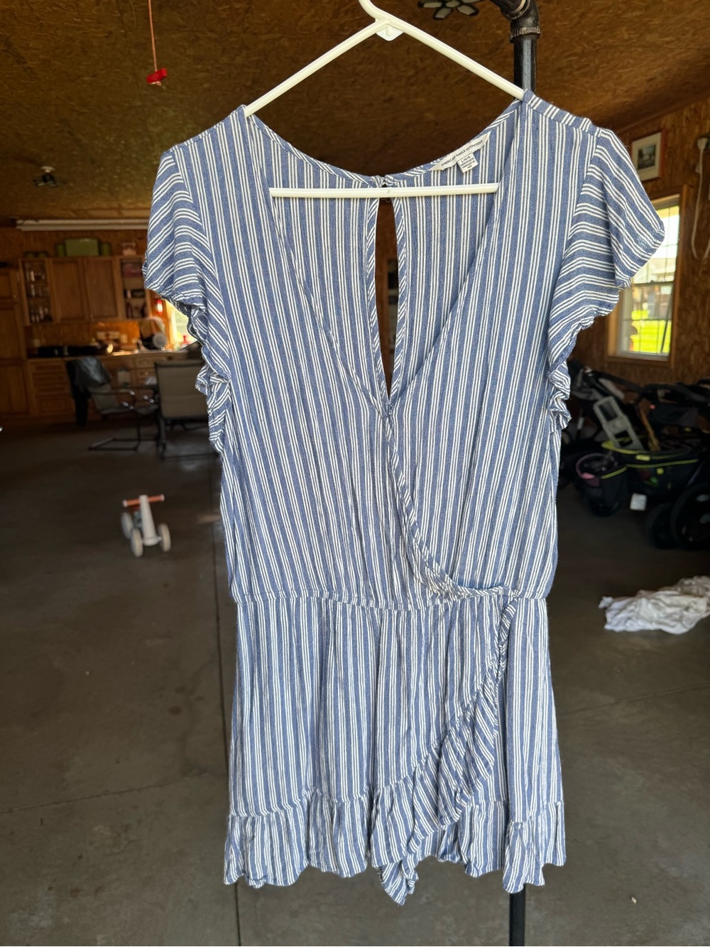 American Eagle Outfitters Blue and White Striped Wrap-Style Romper